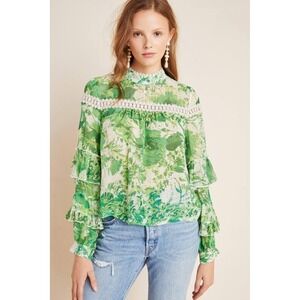 Hope For Flowers By Tracy Reese Angelina Peasant Blouse‎ Womens 10 Green Silk